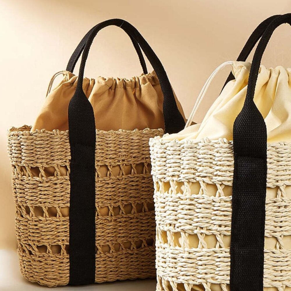 Crochet Straw Tote with Black Strap/NWOT - Picture 3 of 11